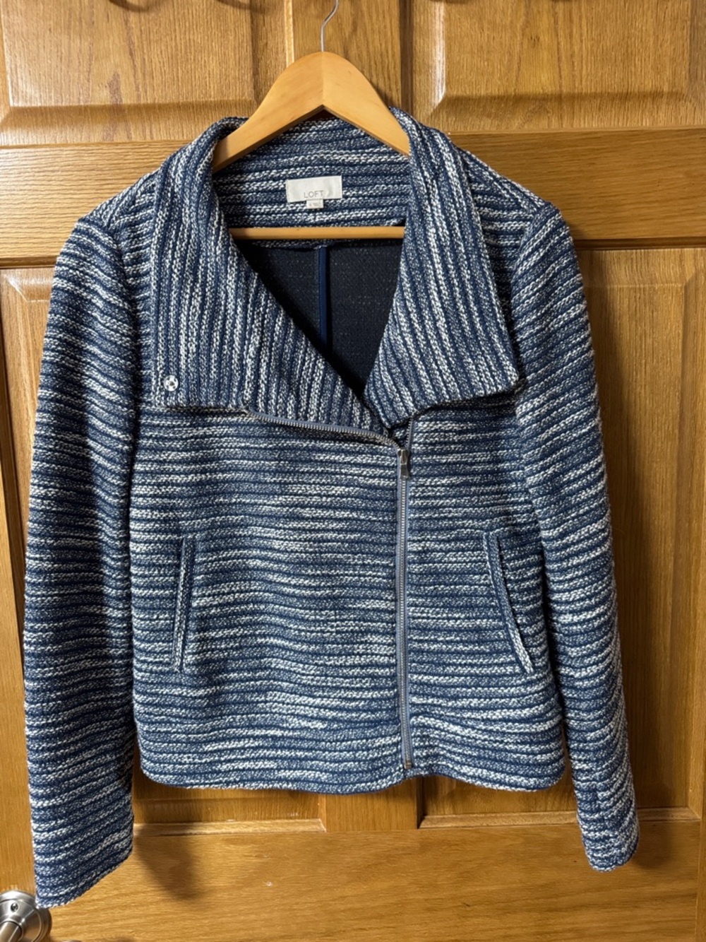 LOFT Blue & White Knit Zip Moto Jacket